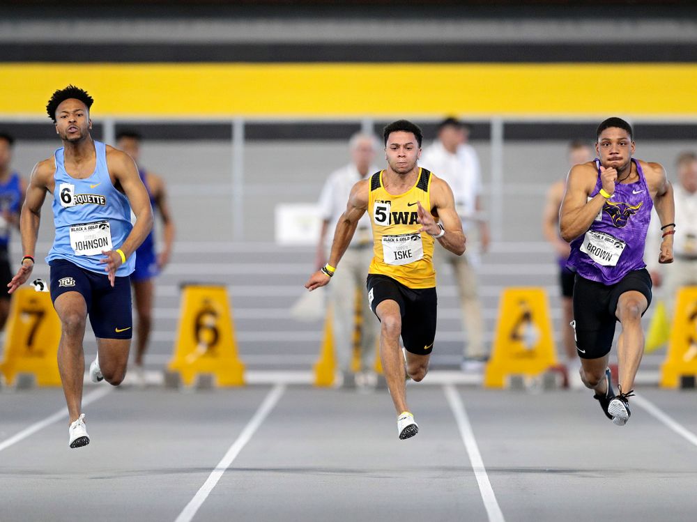 Iowa’s Tanner Iske runs the men’s 60 meter dash event at the Black and Gold Invite at the Recreation Building in Iowa City on Saturday, February 1, 2020. (Stephen Mally/hawkeyesports.com)