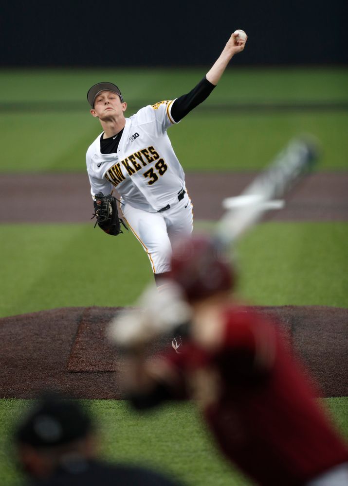 Iowa Hawkeyes pitcher Trenton Wallace (38) against Coe College Wednesday, April 11, 2018 at Duane Banks Field. (Brian Ray/hawkeyesports.com)