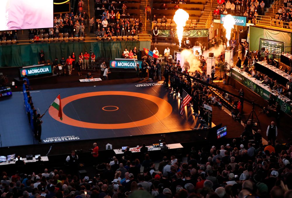 The teams are introduced during the United World Wrestling Freestyle World Cup Saturday, April 7, 2018 at Carver-Hawkeye Arena. (Brian Ray/hawkeyesports.com)