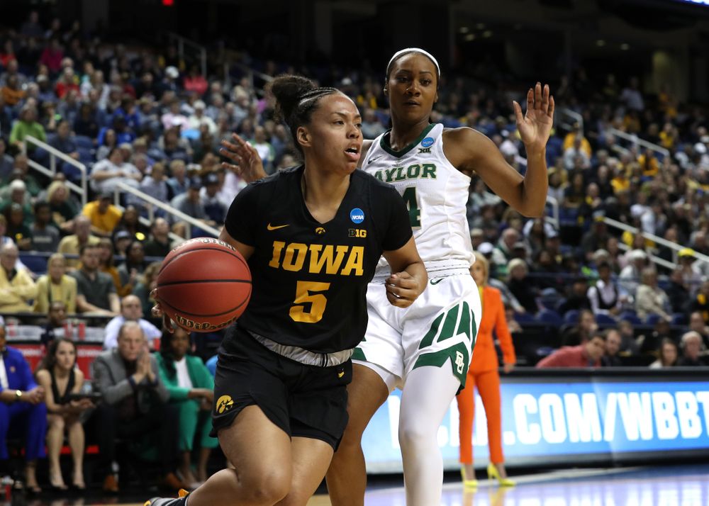 Iowa Hawkeyes guard Alexis Sevillian (5) against the Baylor Lady Bears in the regional final of the 2019 NCAA Women's College Basketball Tournament Monday, April 1, 2019 at Greensboro Coliseum in Greensboro, NC.(Brian Ray/hawkeyesports.com)