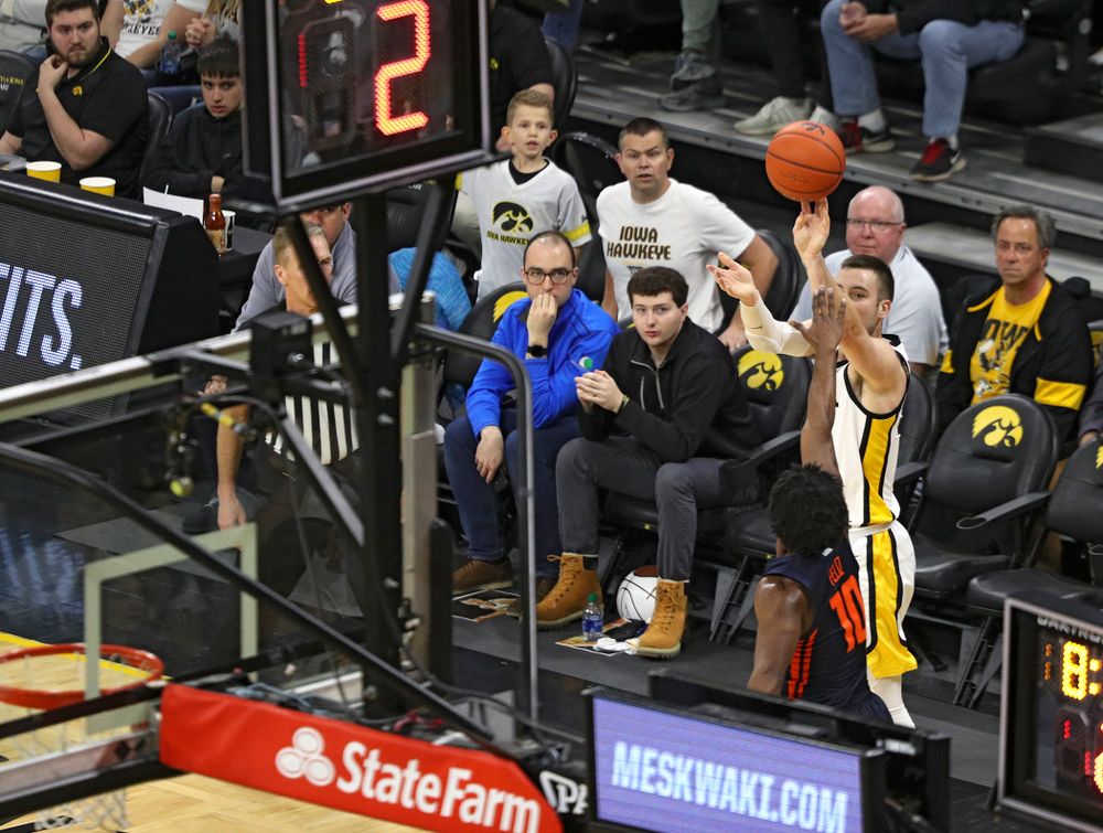 Iowa Hawkeyes guard Connor McCaffery (30) makes a 3-pointer during the first quarter of the game at Carver-Hawkeye Arena in Iowa City on Sunday, February 2, 2020. (Stephen Mally/hawkeyesports.com)