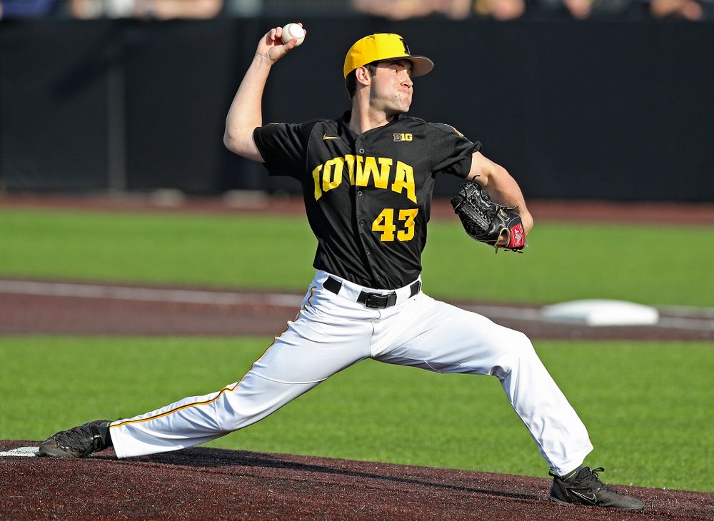 Iowa Hawkeyes pitcher Grant Leonard (43) delivers to the plate for a strikeout during the ninth inning of their game against Rutgers at Duane Banks Field in Iowa City on Saturday, Apr. 6, 2019. (Stephen Mally/hawkeyesports.com)
