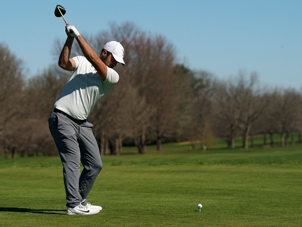Iowa's Gonzalo Leal tees off during the first round of the Hawkeye Invitational at Finkbine Golf Course in Iowa City on Saturday, Apr. 20, 2019. (Stephen Mally/hawkeyesports.com)