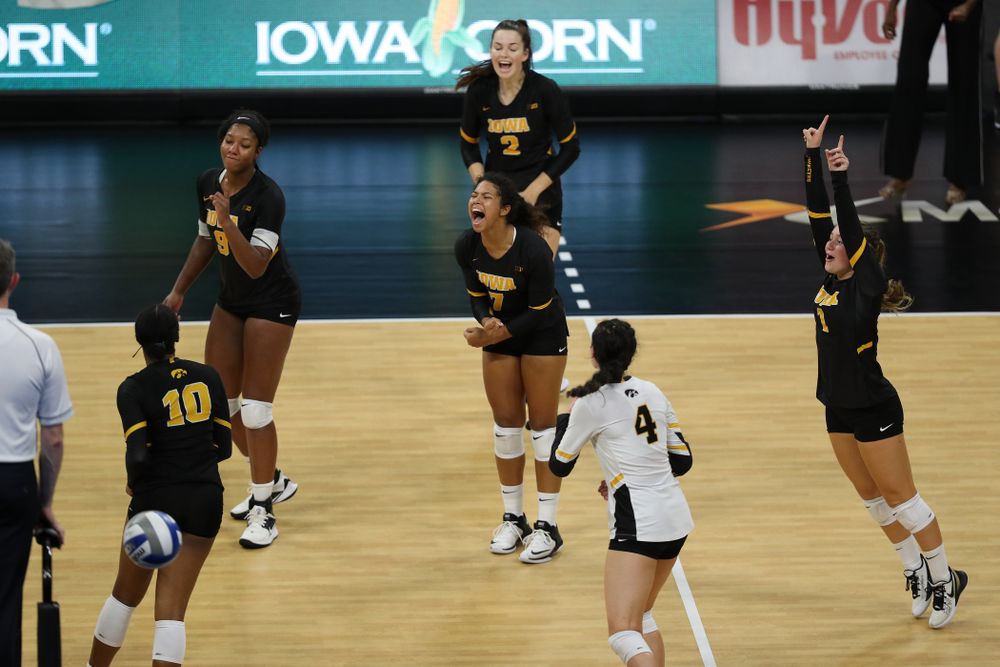 The Iowa Hawkeyes celebrate a point against the Iowa State Cyclones Saturday, September 21, 2019 during the Iowa Corn Cy-Hawk Series Tournament at Carver-Hawkeye Arena. (Brian Ray/hawkeyesports.com)