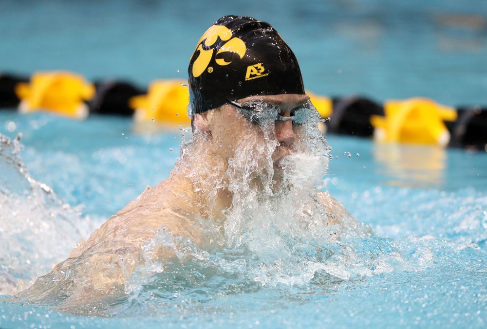 Iowa's Caleb Babb swims the breaststroke leg of the 200 yard medley relay during a double dual against Wisconsin and Northwestern Saturday, January 19, 2019 at the Campus Recreation and Wellness Center. (Brian Ray/hawkeyesports.com)