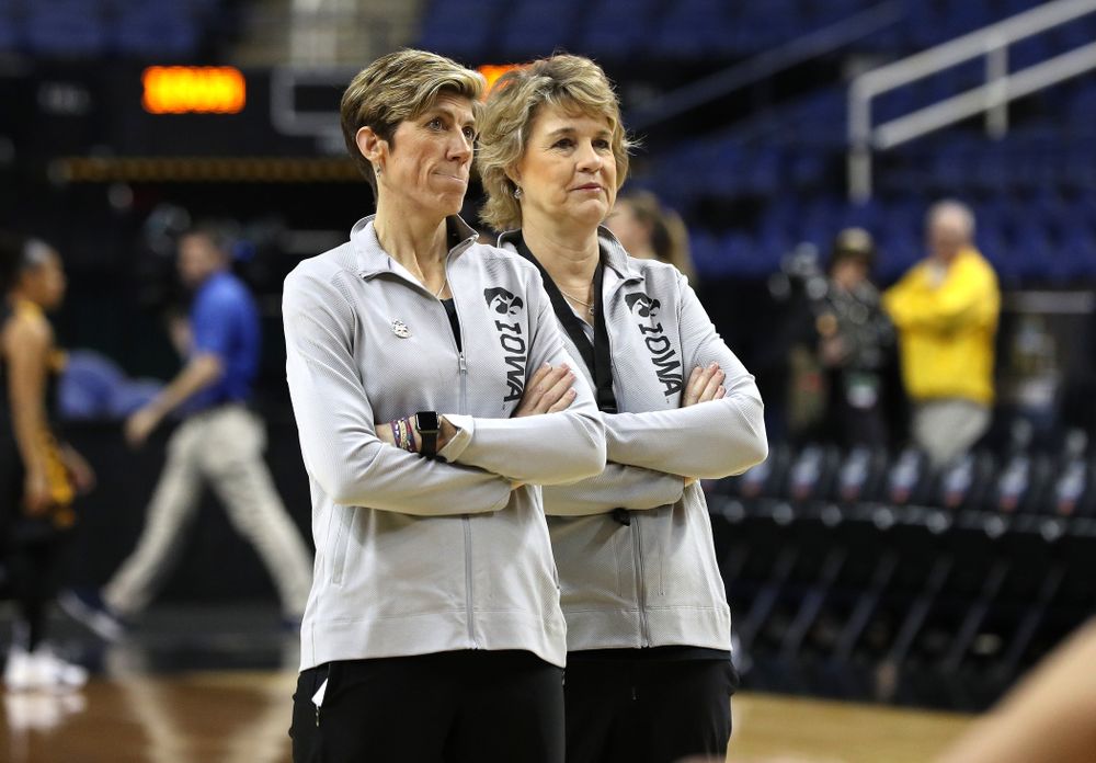 Iowa Hawkeyes head coach Lisa Bluder and associate head coach Jan Jensen during media and practice as they prepare for their Sweet 16 matchup against NC State Friday, March 29, 2019 at the Greensboro Coliseum in Greensboro, NC.(Brian Ray/hawkeyesports.com)