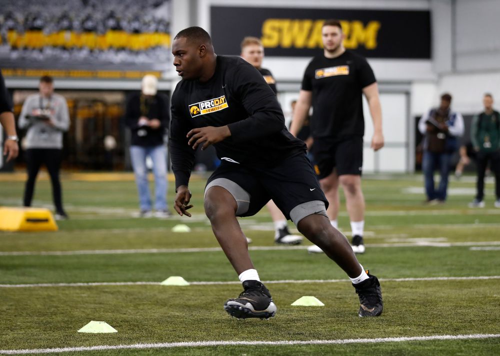 Iowa Hawkeyes offensive lineman James Daniels (78) during the team's annual pro day Monday, March 26, 2018 at the Hansen Football Performance Center. (Brian Ray/hawkeyesports.com)
