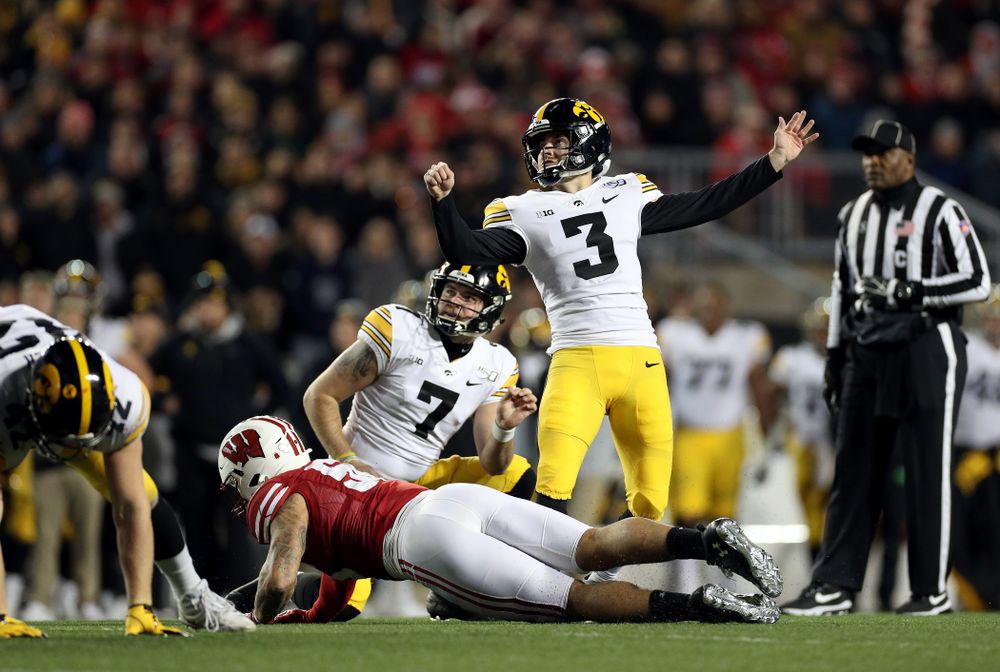 Iowa Hawkeyes place kicker Keith Duncan (3) against the Wisconsin Badgers Saturday, November 9, 2019 at Camp Randall Stadium in Madison, Wisc. (Brian Ray/hawkeyesports.com)