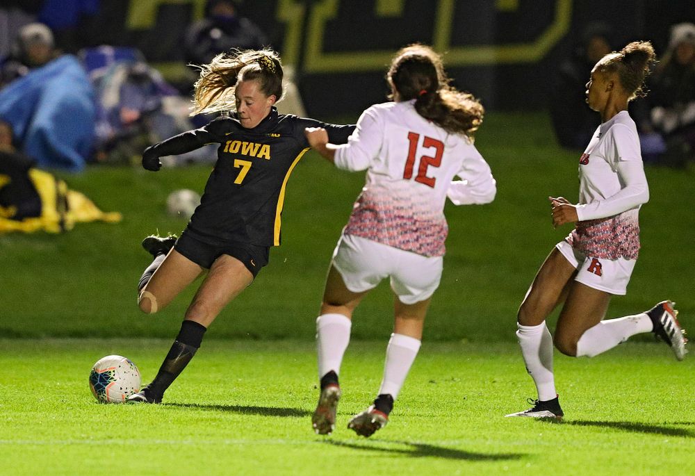 Iowa forward Skylar Alward (7) lines up a shot during the second half of their match at the Iowa Soccer Complex in Iowa City on Friday, Oct 11, 2019. (Stephen Mally/hawkeyesports.com)