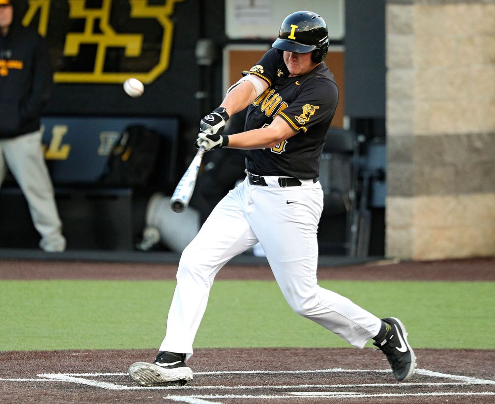 Iowa first baseman Peyton Williams (45) hits a double during the seventh inning of the first game of the Black and Gold Fall World Series at Duane Banks Field in Iowa City on Tuesday, Oct 15, 2019. (Stephen Mally/hawkeyesports.com)