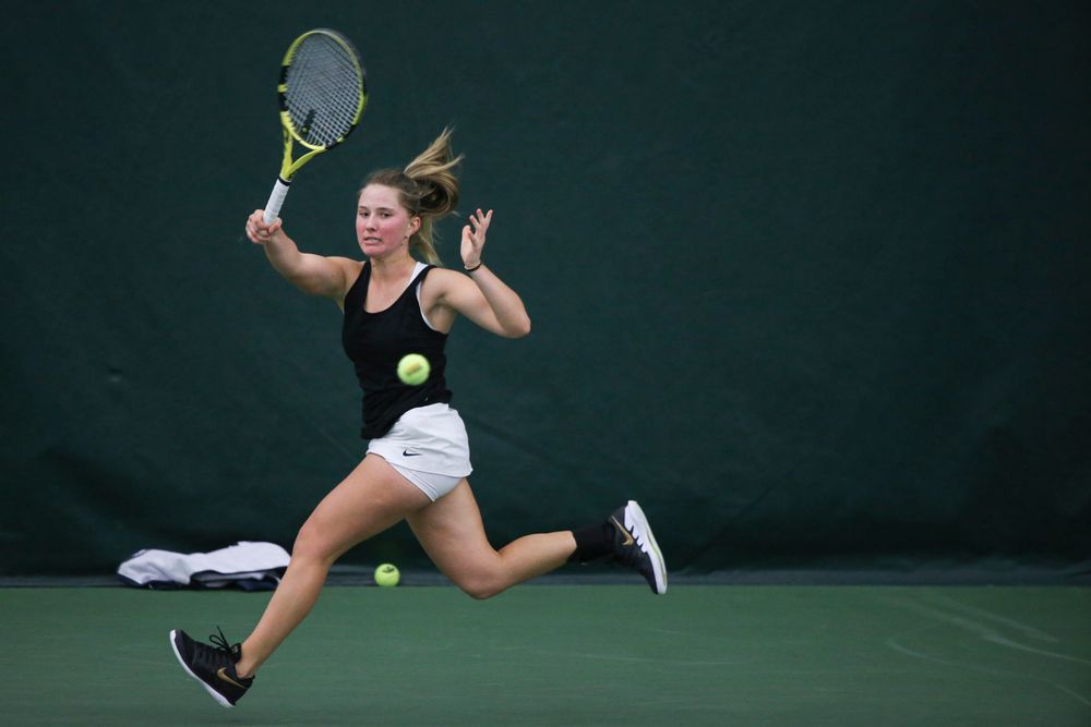 Iowa’s Danielle Burich during the Iowa women’s tennis meet vs DePaul  on Friday, February 21, 2020 at the Hawkeye Tennis and Recreation Complex. (Lily Smith/hawkeyesports.com)