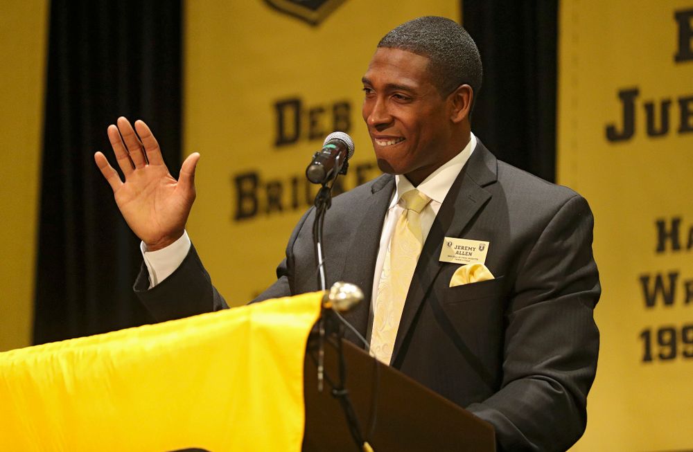2019 University of Iowa Athletics Hall of Fame inductee Jeremy Allen speaks during the Hall of Fame Induction Ceremony at the Coralville Marriott Hotel and Conference Center in Coralville on Friday, Aug 30, 2019. (Stephen Mally/hawkeyesports.com)