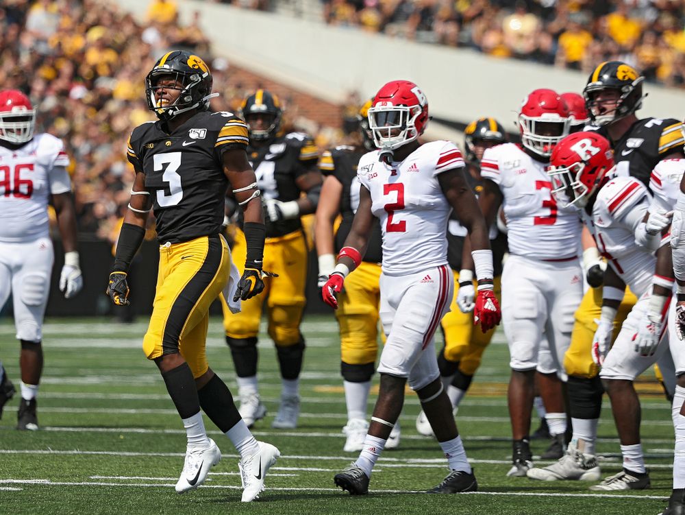 Iowa Hawkeyes wide receiver Tyrone Tracy Jr. (3) celebrates after a 33-yard reception during the third quarter of their Big Ten Conference football game at Kinnick Stadium in Iowa City on Saturday, Sep 7, 2019. (Stephen Mally/hawkeyesports.com)