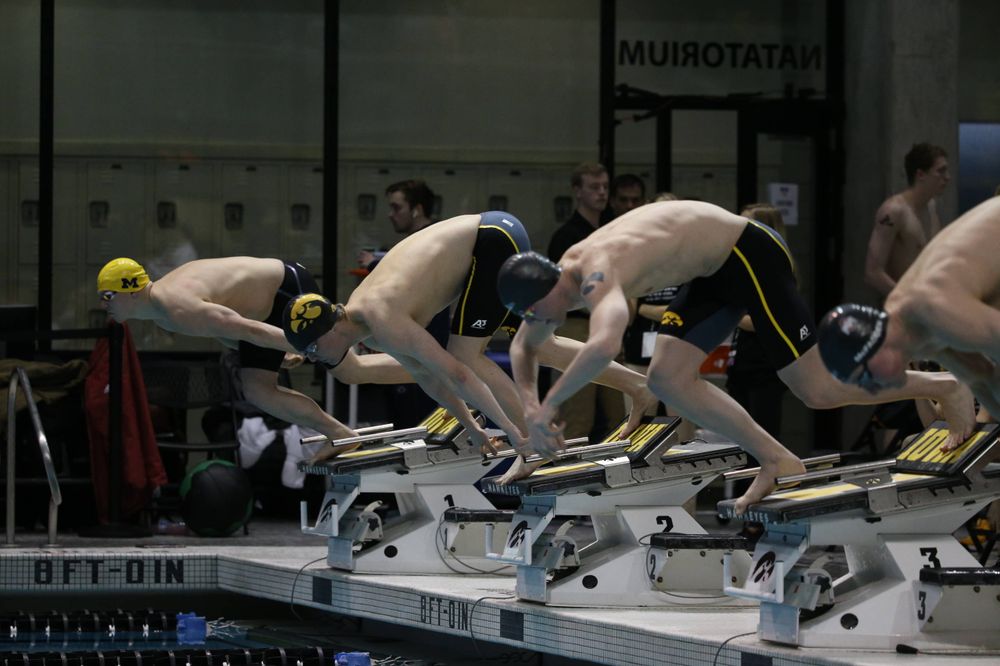 Iowa's Caleb Babb (center left) and Tanner Nelson (center right) at the 100-yard breaststroke race  Friday, March 1, 2019 at the Campus Recreation and Wellness Center. (Lily Smith/hawkeyesports.com)