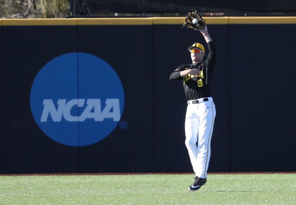 Iowa Hawkeyes outfielder Ben Norman (9) against the Bradley Braves Tuesday, March 26, 2019 at Duane Banks Field. (Brian Ray/hawkeyesports.com)