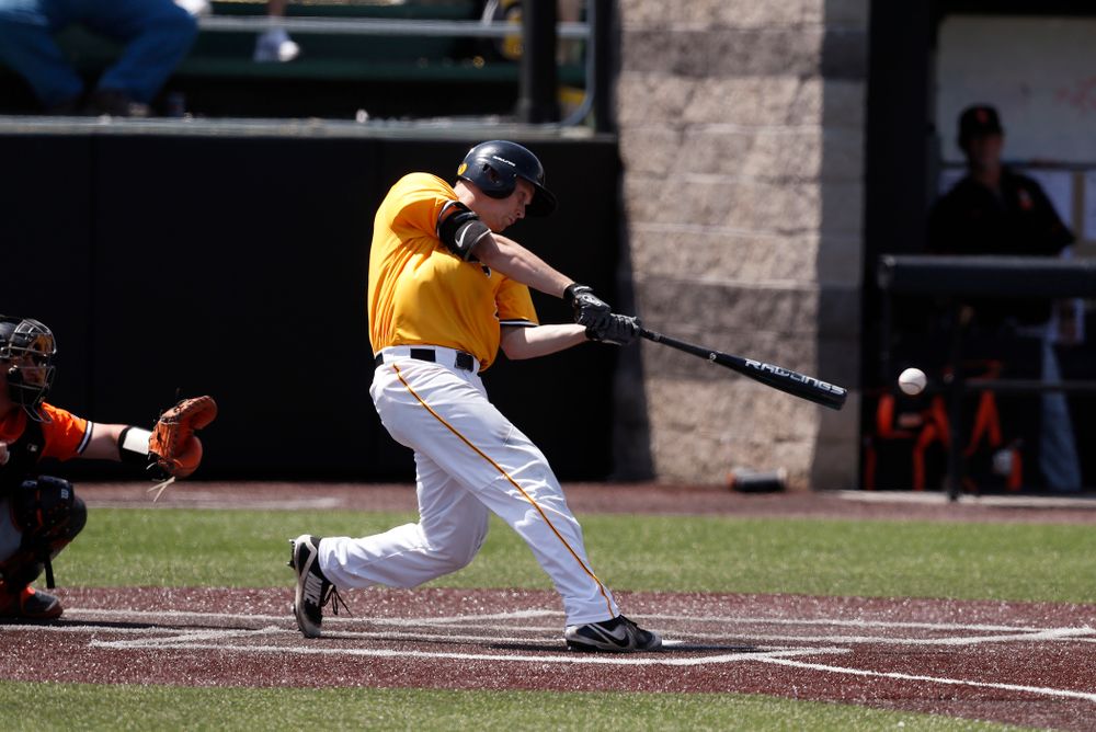 Iowa Hawkeyes outfielder Robert Neustrom (44) against the Oklahoma State Cowboys Sunday, May 6, 2018 at Duane Banks Field. (Brian Ray/hawkeyesports.com)