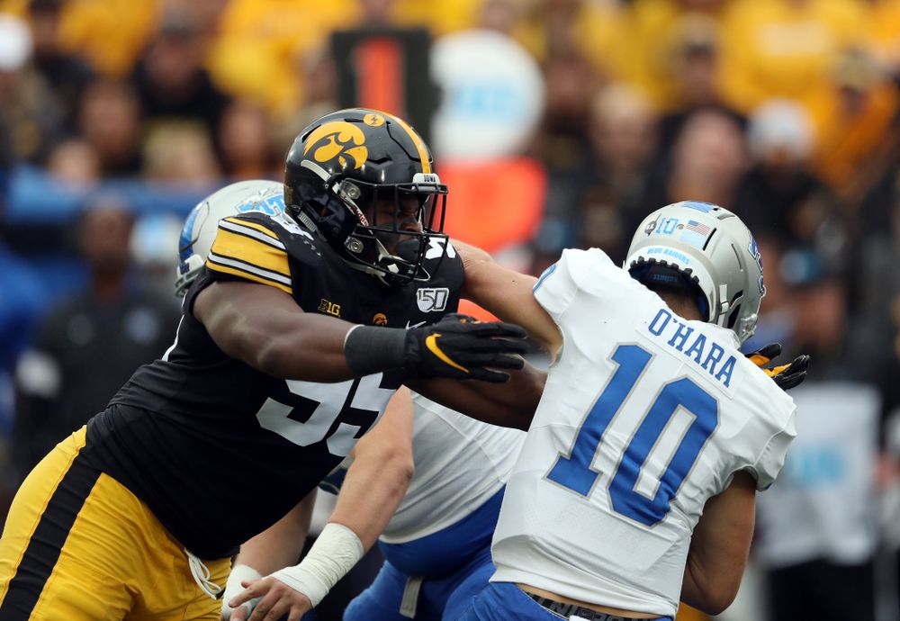 Iowa Hawkeyes defensive lineman Cedrick Lattimore (95) gets a sack against Middle Tennessee State Saturday, September 28, 2019 at Kinnick Stadium. (Brian Ray/hawkeyesports.com)