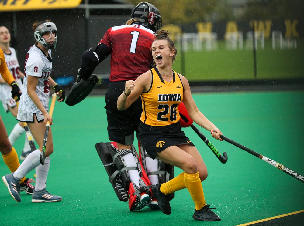 Iowa Hawkeyes forward Madeleine Murphy (26) reacts after scoring a goal during a game against Stanford at Grant Field on October 7, 2018. (Tork Mason/hawkeyesports.com)