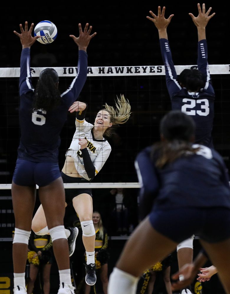 Iowa Hawkeyes outside hitter Meghan Buzzerio (5) spikes the ball during a match against Penn State at Carver-Hawkeye Arena on November 3, 2018. (Tork Mason/hawkeyesports.com)