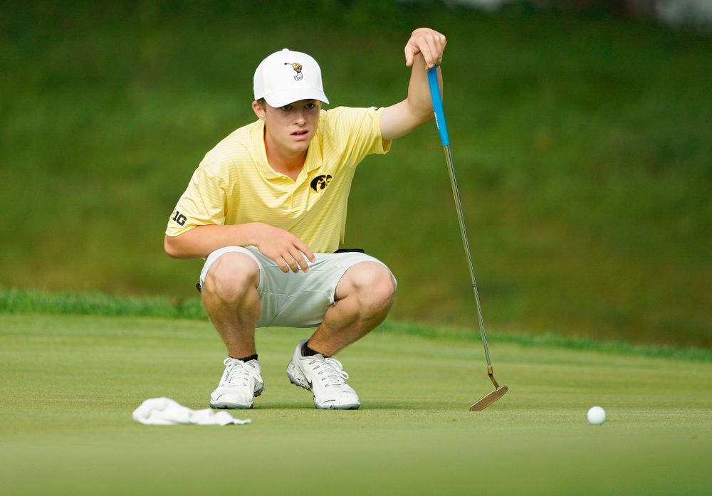 Iowa’s Matthew Garside lines up a putt during the third day of the Golfweek Conference Challenge at the Cedar Rapids Country Club in Cedar Rapids on Tuesday, Sep 17, 2019. (Stephen Mally/hawkeyesports.com)