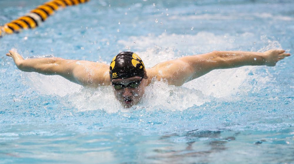 Iowa's Michal Brzus competes in the 100-yard butterfly during a meet against Michigan and Denver at the Campus Recreation and Wellness Center on November 3, 2018. (Tork Mason/hawkeyesports.com)