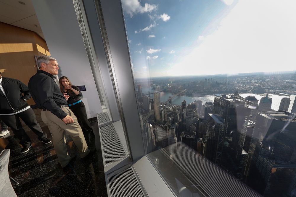Iowa Hawkeyes head coach Kirk Ferentz as the team visits the observation deck of the One World Trade Center and the 9/11 Memorial and Museum.
