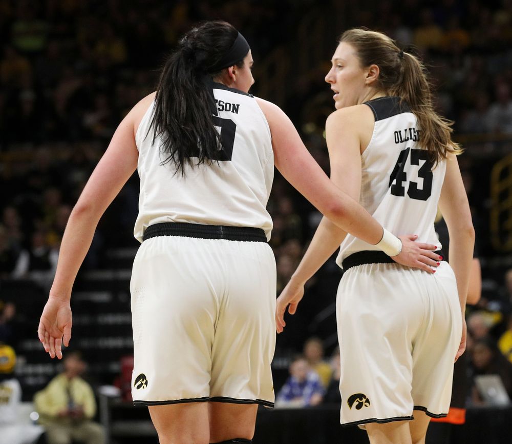 Iowa Hawkeyes forward Megan Gustafson (10) talks with forward Amanda Ollinger (43) during the first round of the 2019 NCAA Women's Basketball Tournament at Carver Hawkeye Arena in Iowa City on Friday, Mar. 22, 2019. (Stephen Mally for hawkeyesports.com)