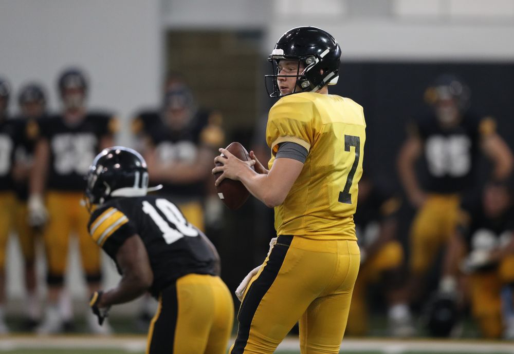 Iowa Hawkeyes quarterback Spencer Petras (7) during Fall Camp Practice No. 6 Thursday, August 8, 2019 at the Ronald D. and Margaret L. Kenyon Football Practice Facility. (Brian Ray/hawkeyesports.com)