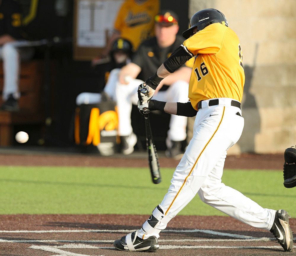 Iowa Hawkeyes shortstop Tanner Wetrich (16) hits a home run during the fifth inning of their game against Northern Illinois at Duane Banks Field in Iowa City on Tuesday, Apr. 16, 2019. (Stephen Mally/hawkeyesports.com)