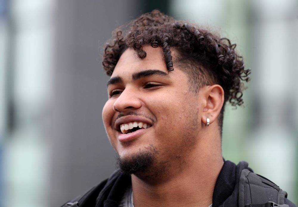 Iowa Hawkeyes offensive lineman Tristan Wirfs (74) answers questions from the media following practice Monday, December 23, 2019 at Mesa College in San Diego. (Brian Ray/hawkeyesports.com)