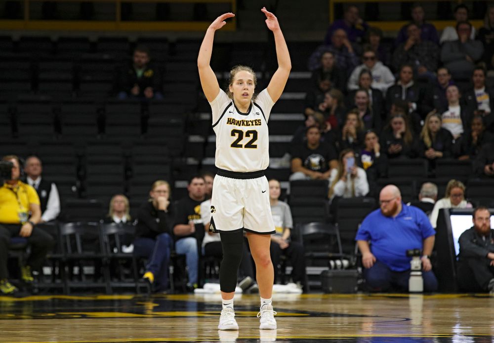 Iowa guard Kathleen Doyle (22) pumps up the crowd during overtime in their win against Princeton at Carver-Hawkeye Arena in Iowa City on Wednesday, Nov 20, 2019. (Stephen Mally/hawkeyesports.com)