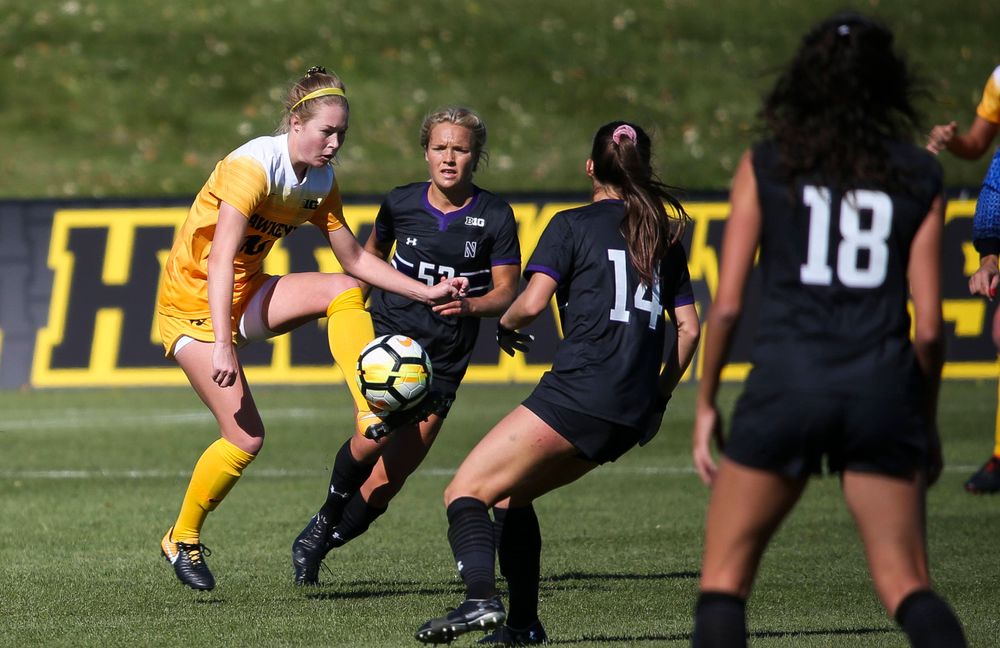 Iowa Hawkeyes midfielder Natalie Winters (10) passes the ball during a game against Northwestern at the Iowa Soccer Complex on October 21, 2018. (Tork Mason/hawkeyesports.com)