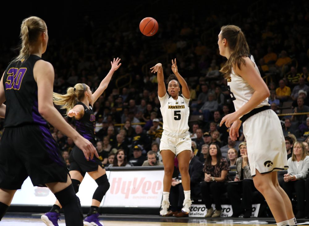Iowa Hawkeyes guard Alexis Sevillian (5) against the Northern Iowa Panthers in the Hy-Vee Classic Sunday, December 16, 2018 at Carver-Hawkeye Arena. (Brian Ray/hawkeyesports.com)