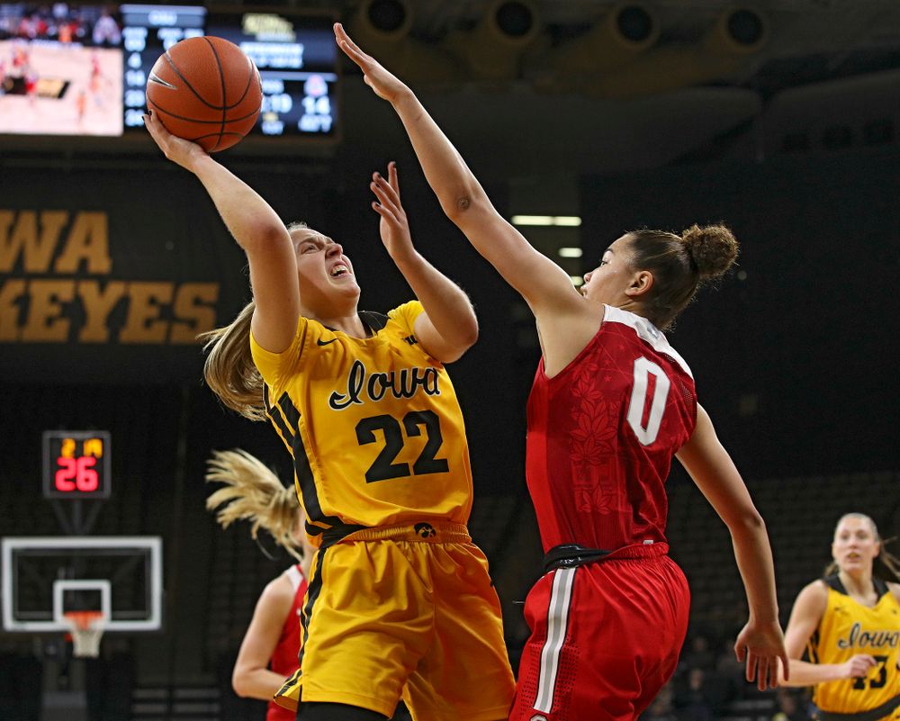 Iowa Hawkeyes guard Kathleen Doyle (22) puts up a shot during the first quarter of their game at Carver-Hawkeye Arena in Iowa City on Thursday, January 23, 2020. (Stephen Mally/hawkeyesports.com)