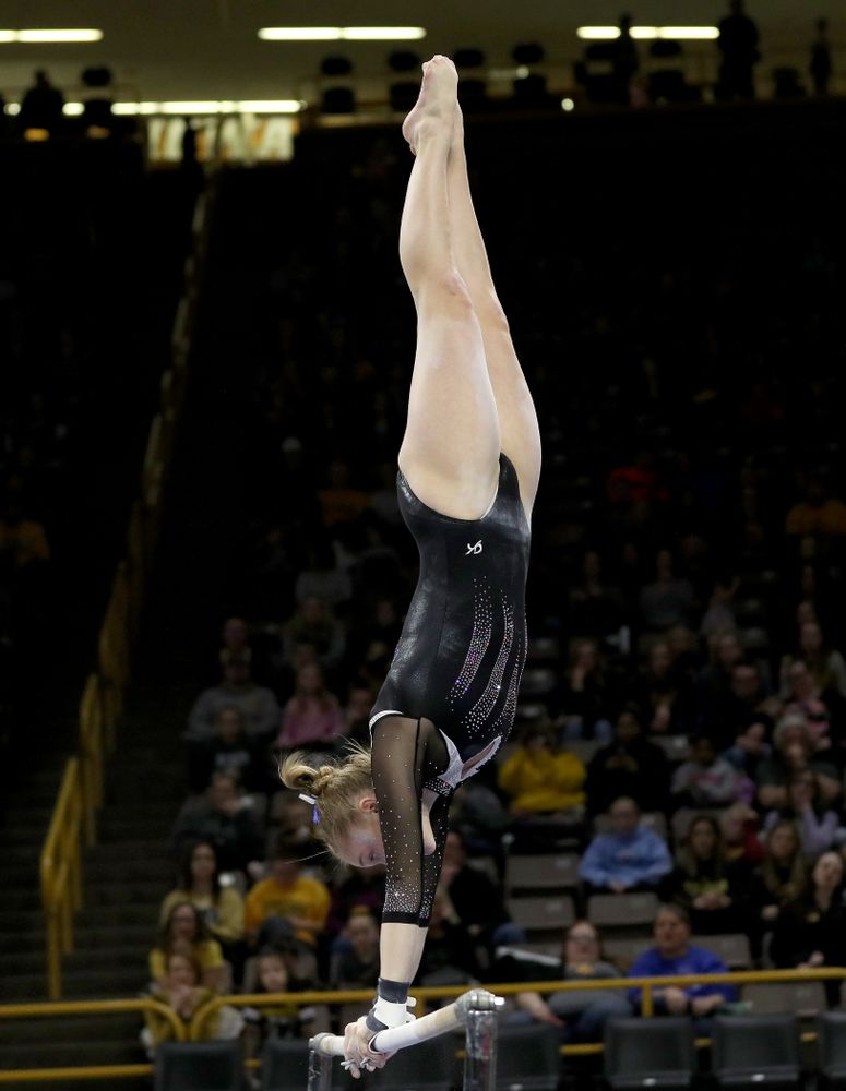 Iowa’s Allyson Steffensmeier competes on the bars against Michigan State Saturday, February 1, 2020 at Carver-Hawkeye Arena. (Brian Ray/hawkeyesports.com)