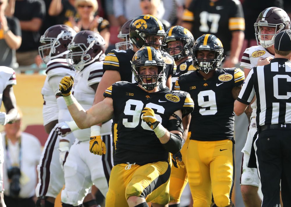 Iowa Hawkeyes defensive end Matt Nelson (96) during their Outback Bowl Tuesday, January 1, 2019 at Raymond James Stadium in Tampa, FL. (Brian Ray/hawkeyesports.com)