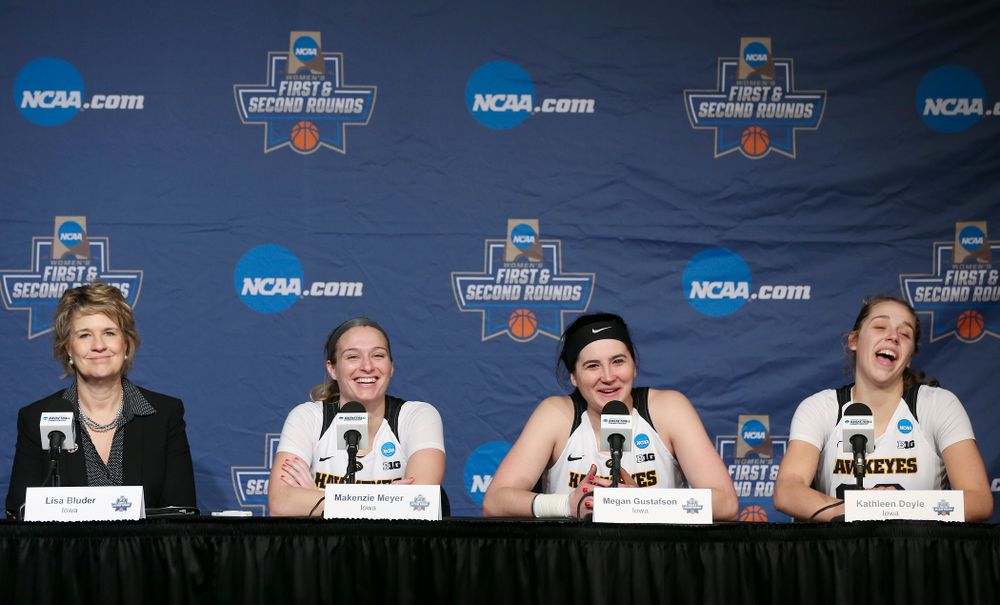 Iowa Hawkeyes head coach Lisa Bluder, guard Makenzie Meyer (3), center Megan Gustafson (10), and guard Kathleen Doyle (22) during a press conference after winning their second round game in the 2019 NCAA Women's Basketball Tournament at Carver Hawkeye Arena in Iowa City on Sunday, Mar. 24, 2019. (Stephen Mally for hawkeyesports.com)