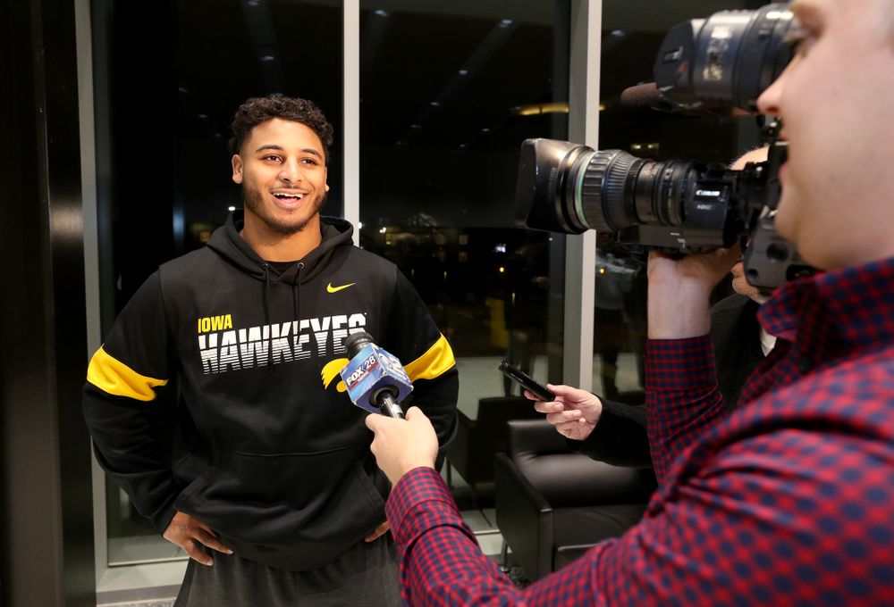 Iowa Hawkeyes defensive back Geno Stone (9) answers questions from the media on the Hawkeyes selection to face USC in the 2019 Holiday Bowl Sunday, December 8, 2019 at the Hansen Football Performance Center. (Brian Ray/hawkeyesports.com)