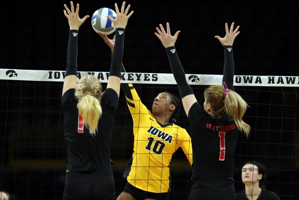 Iowa Hawkeyes outside hitter Griere Hughes (10) against the Rutgers Scarlet Knights Saturday, November 2, 2019 at Carver-Hawkeye Arena. (Brian Ray/hawkeyesports.com)