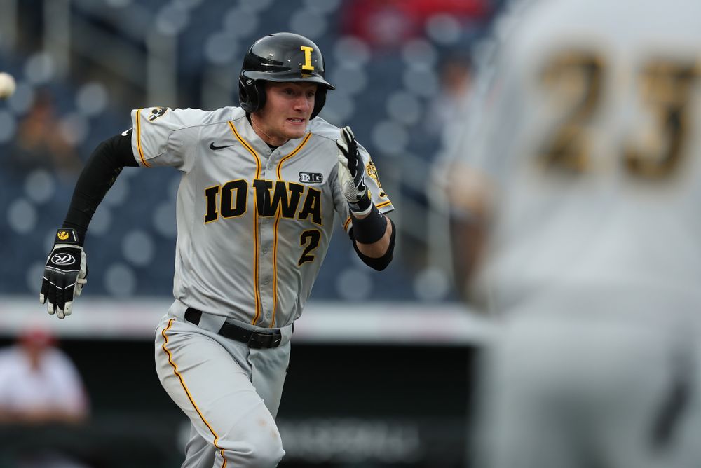 Iowa Hawkeyes infielder Brendan Sher (2) against the Indiana Hoosiers in the first round of the Big Ten Baseball Tournament Wednesday, May 22, 2019 at TD Ameritrade Park in Omaha, Neb. (Brian Ray/hawkeyesports.com)