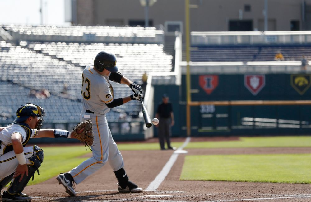Iowa Hawkeyes infielder Kyle Crowl (23) against the Michigan Wolverines in the first round of the Big Ten Baseball Tournament  Wednesday, May 23, 2018 at TD Ameritrade Park in Omaha, Neb. (Brian Ray/hawkeyesports.com) 