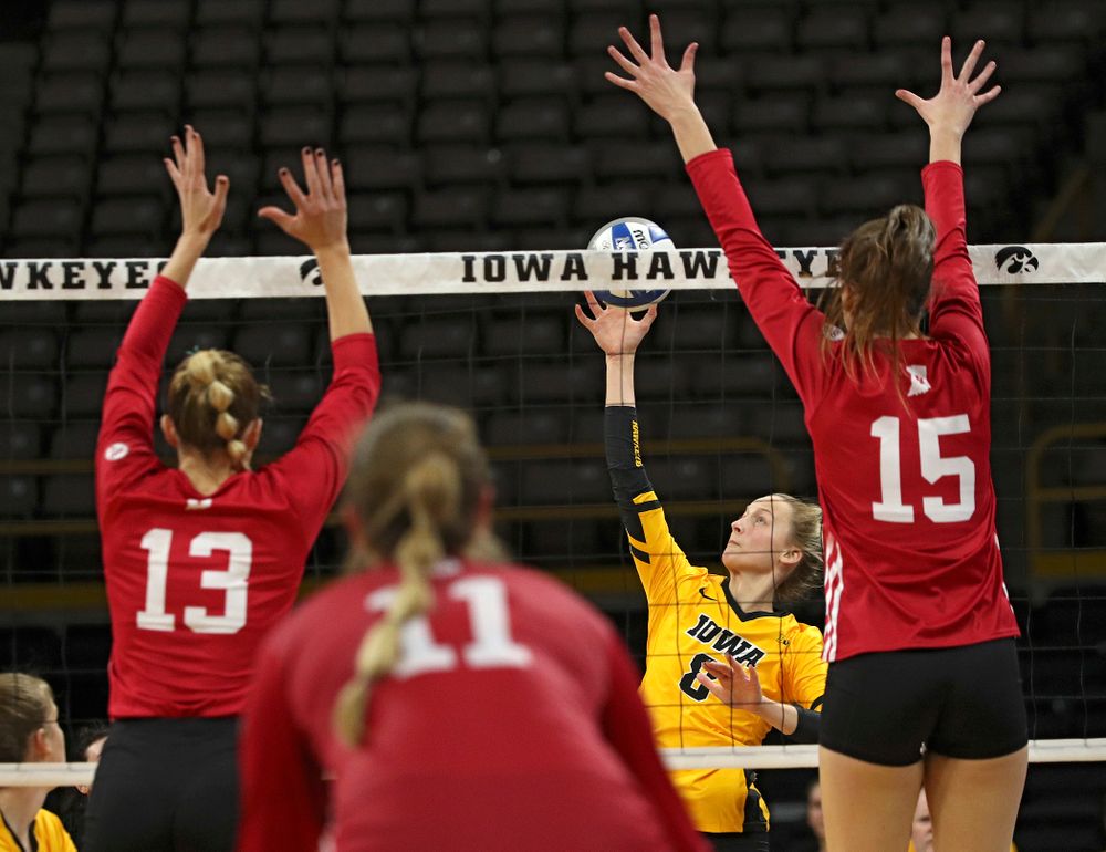 Iowa’s Kyndra Hansen (8) sends the ball over the net during their match at Carver-Hawkeye Arena in Iowa City on Sunday, Oct 20, 2019. (Stephen Mally/hawkeyesports.com)