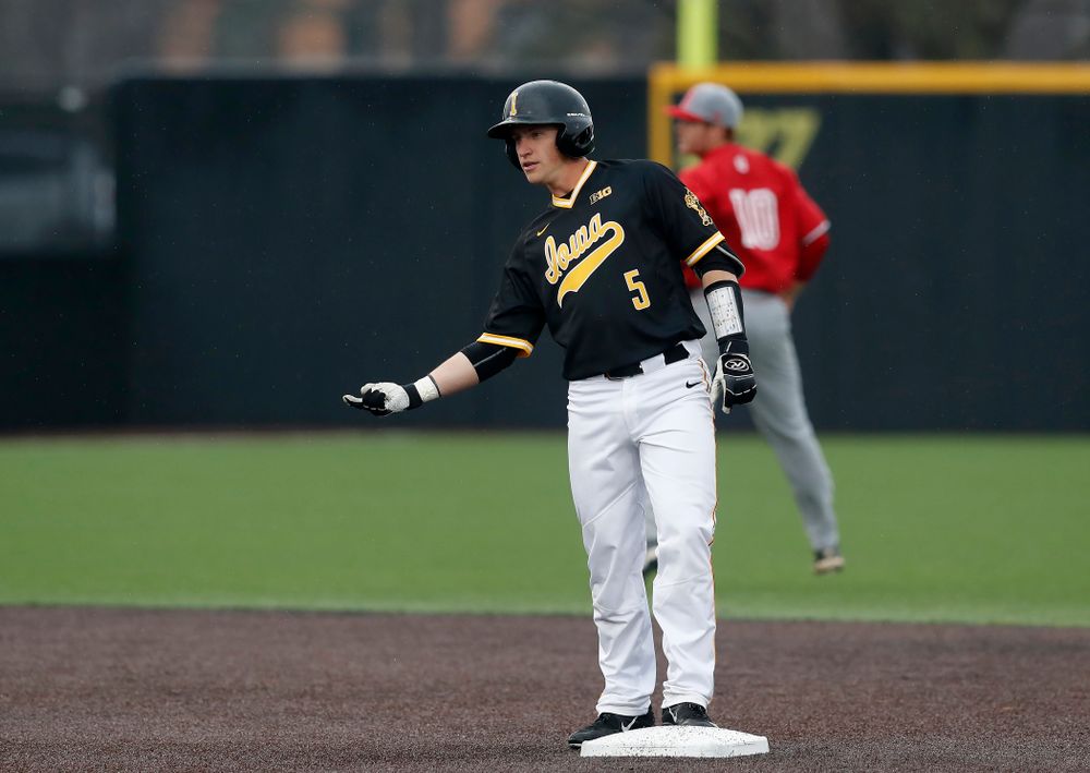 Iowa Hawkeyes catcher Tyler Cropley (5) celebrates a double against the Bradley Braves Wednesday, March 28, 2018 at Duane Banks Field. (Brian Ray/hawkeyesports.com)