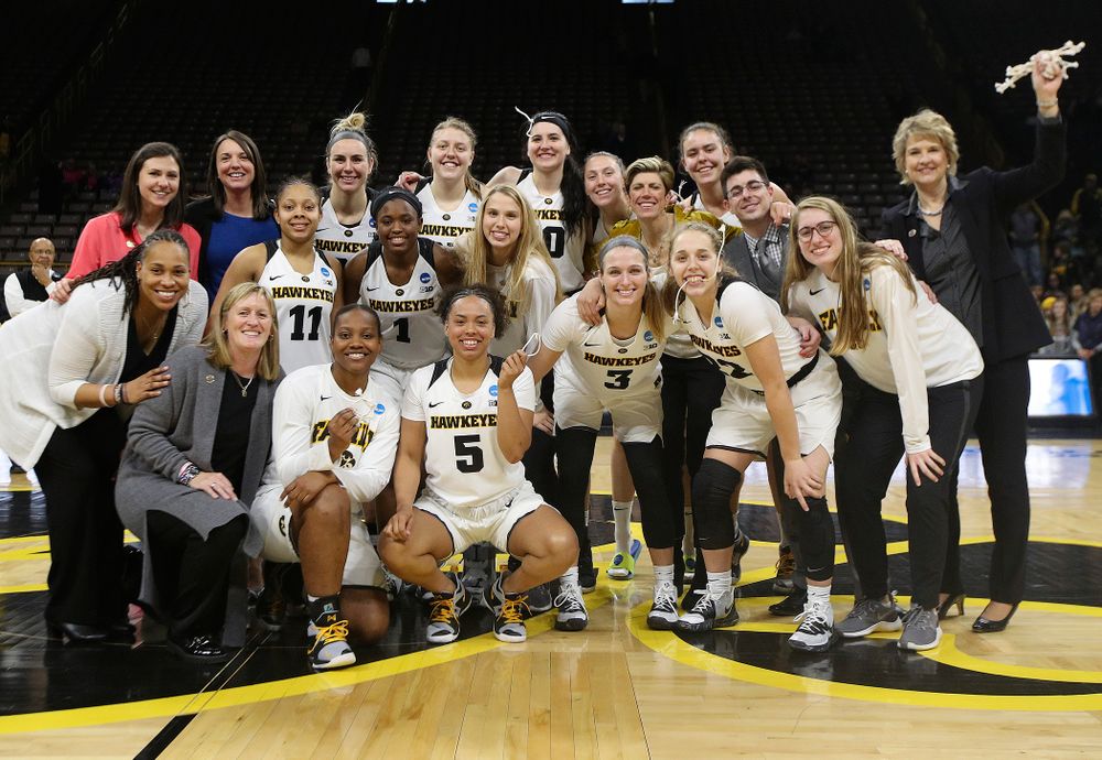 
after winning their second round game in the 2019 NCAA Women's Basketball Tournament at Carver Hawkeye Arena in Iowa City on Sunday, Mar. 24, 2019. (Stephen Mally for hawkeyesports.com)