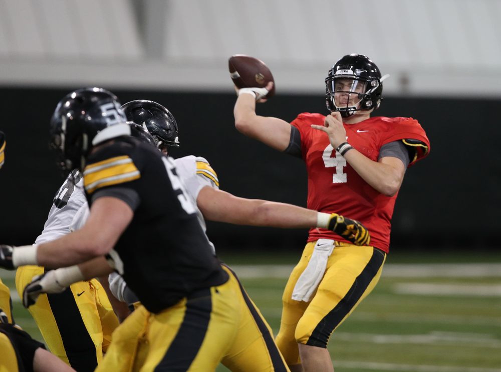 Iowa Hawkeyes quarterback Nate Stanley (4) during preparation for the 2019 Outback Bowl Wednesday, December 19, 2018 at the Hansen Football Performance Center. (Brian Ray/hawkeyesports.com)