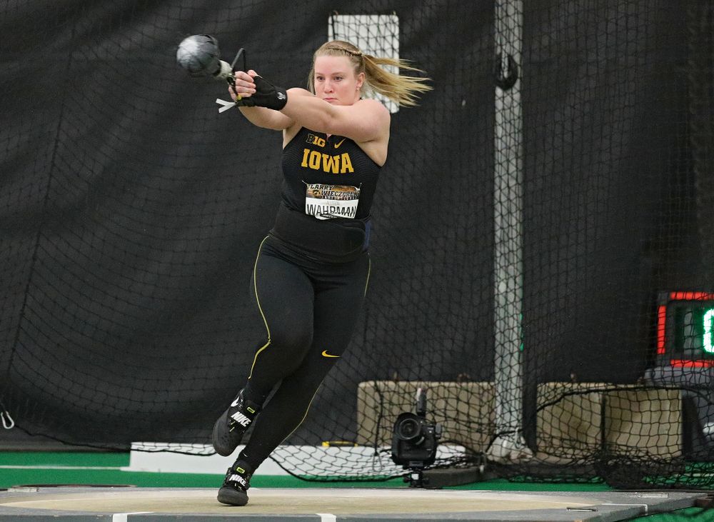 Iowa’s Allison Wahrman throws in the women’s weight throw event during the Larry Wieczorek Invitational at the Hawkeye Tennis and Recreation Complex in Iowa City on Friday, January 17, 2020. (Stephen Mally/hawkeyesports.com)