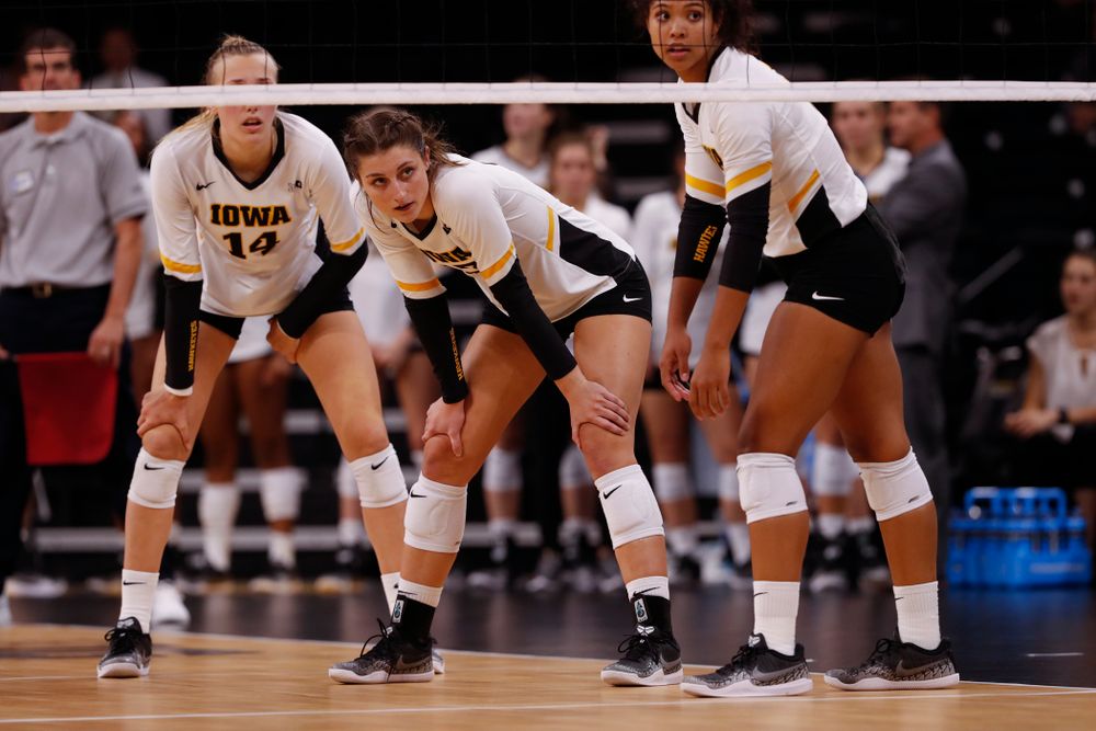 Iowa Hawkeyes middle blocker Sarah Wing (13) against the Michigan State Spartans Friday, September 21, 2018 at Carver-Hawkeye Arena. (Brian Ray/hawkeyesports.com)