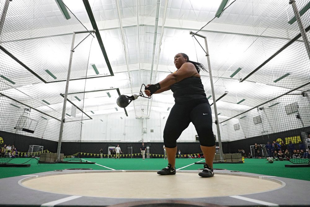 Iowa’s Ianna Roach throws in the women’s weight throw event during the Hawkeye Invitational at the Hawkeye Tennis and Recreation Complex in Iowa City on Friday, January 10, 2020. (Stephen Mally/hawkeyesports.com)