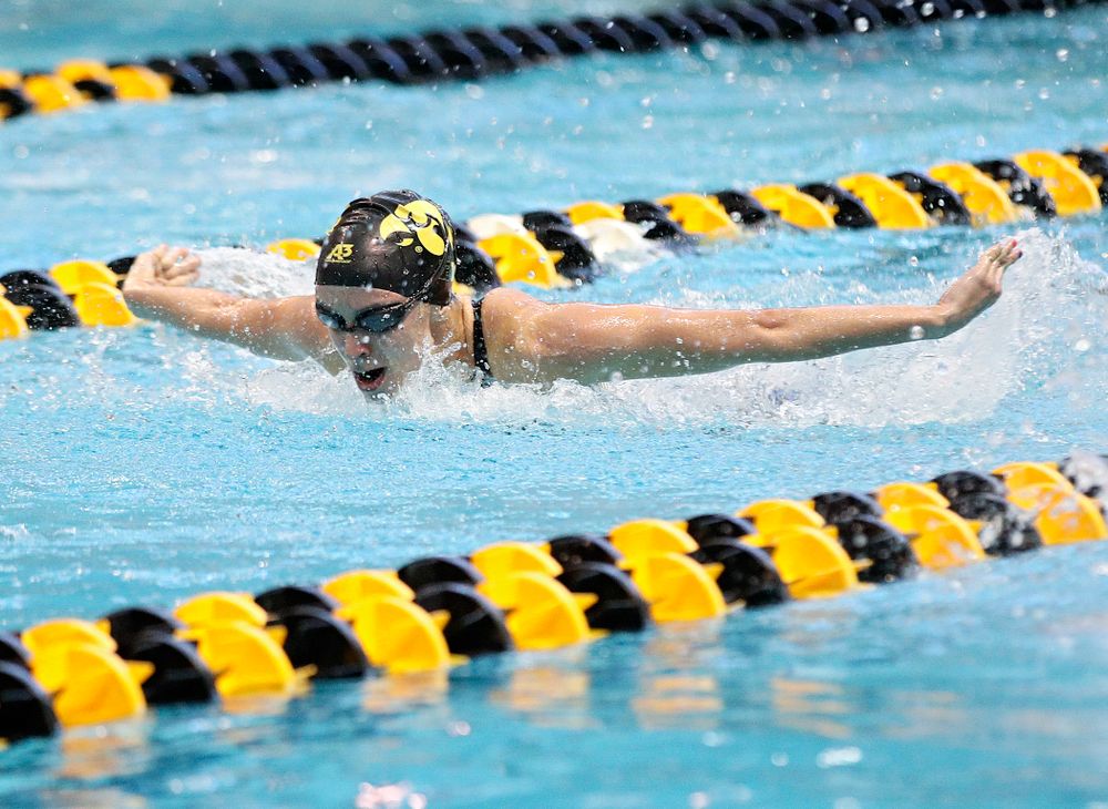 Iowa’s Meghan Hackett swims the women’s 100 yard butterfly preliminary event during the 2020 Women’s Big Ten Swimming and Diving Championships at the Campus Recreation and Wellness Center in Iowa City on Friday, February 21, 2020. (Stephen Mally/hawkeyesports.com)