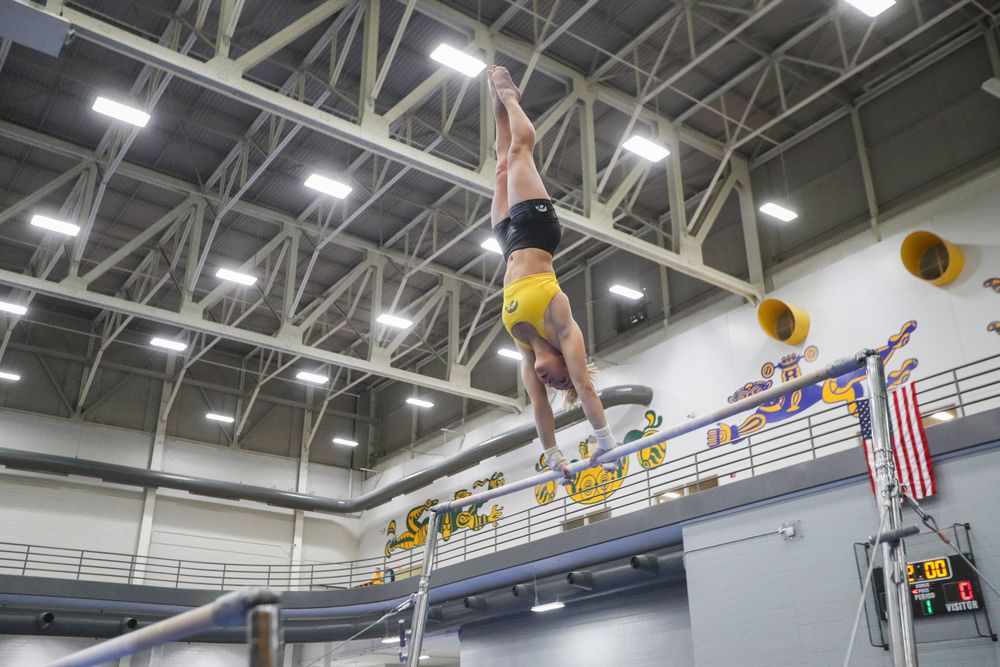 Alex Greenwald performs on the uneven bars during the Iowa women’s gymnastics Black and Gold Intraquad Meet on Saturday, December 7, 2019 at the UI Field House. (Lily Smith/hawkeyesports.com)
